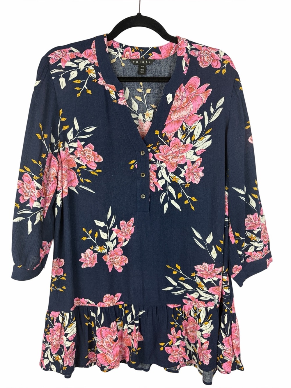 Tribal Navy Pink Floral Ruffle Hem Tunic Top Blouse Size Medium